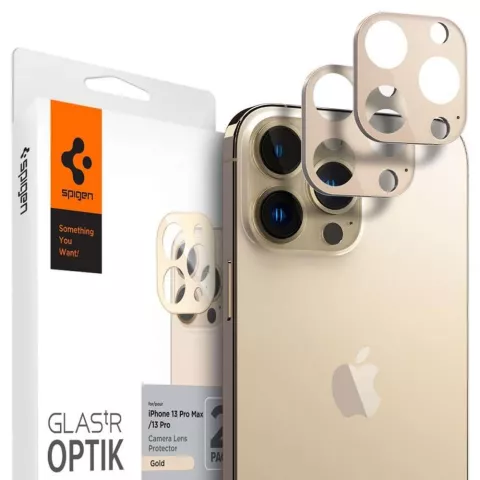 Spigen Kameraobjektiv-Glasschutz, 2er-Pack, Kompatibel mit iPhone 13 Pro und iPhone 13 Pro Max - Gold