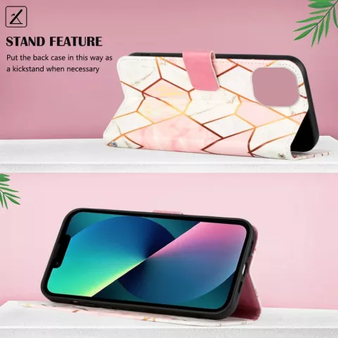 Rose Marble Wallet Kunstlederh&uuml;lle Kompatibel mit iPhone 16 Pro - Wei&szlig; und Rosa