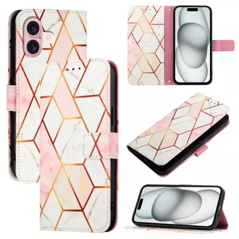 Rose Marble Wallet Kunstlederh&uuml;lle Kompatibel mit iPhone 16 Plus - Wei&szlig; und Rosa